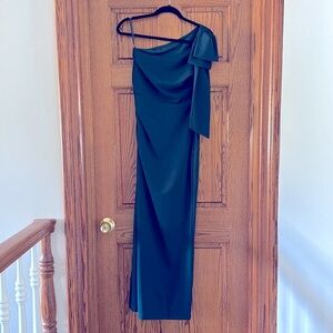 Deep teal one shoulder dress. Top is lined.